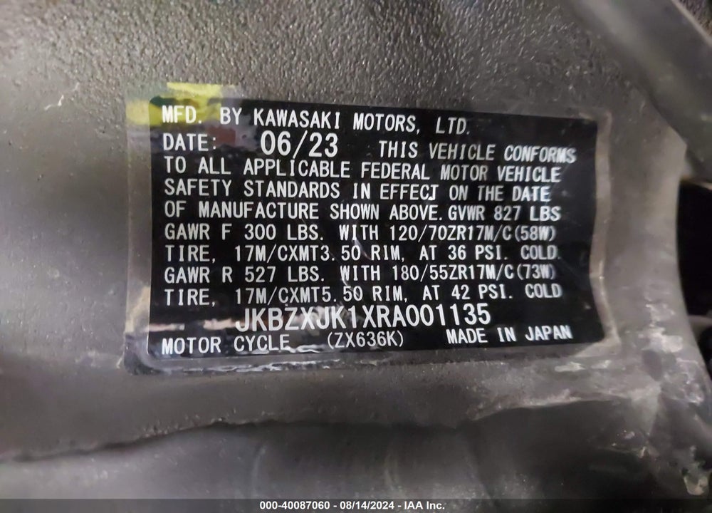 2024 KAWASAKI ZX636 K VIN: JKBZXJK1XRA001135