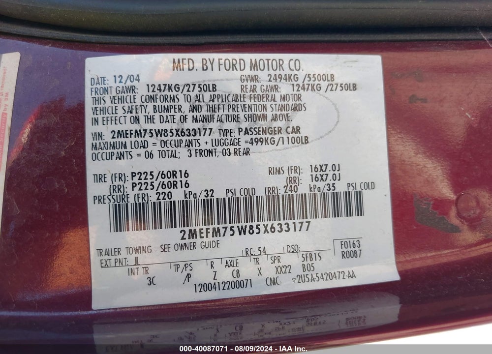 2005 MERCURY GRAND MARQUIS VIN: 2MEFM75W85X633177
