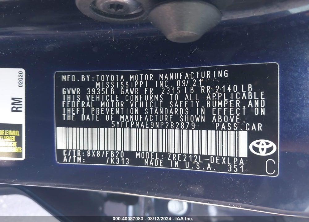 2022 TOYOTA COROLLA LE VIN: 5YFEPMAE9NP282879
