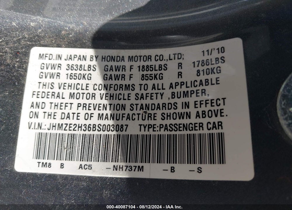 2011 HONDA INSIGHT VIN: JHMZE2H36BS003087