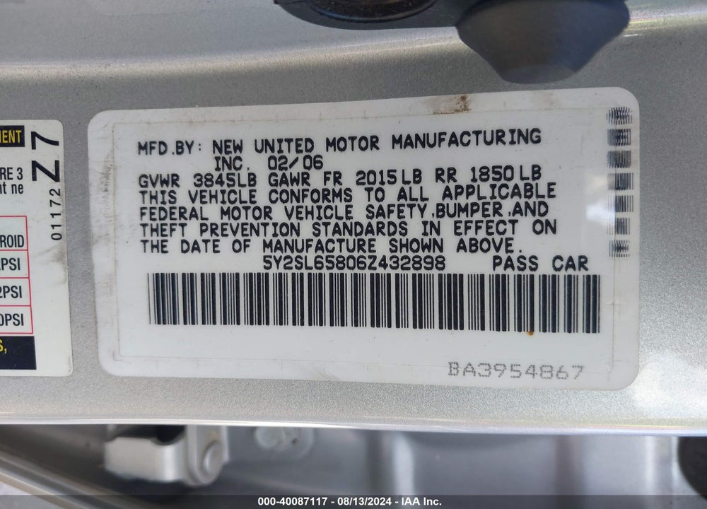 2006 PONTIAC VIBE VIN: 5Y2SL65806Z432898