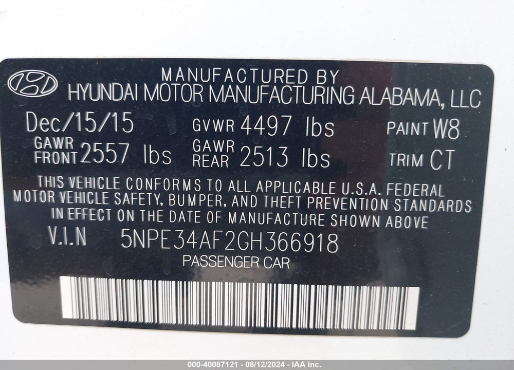 2016 HYUNDAI SONATA SPORT VIN: 5NPE34AF2GH366918