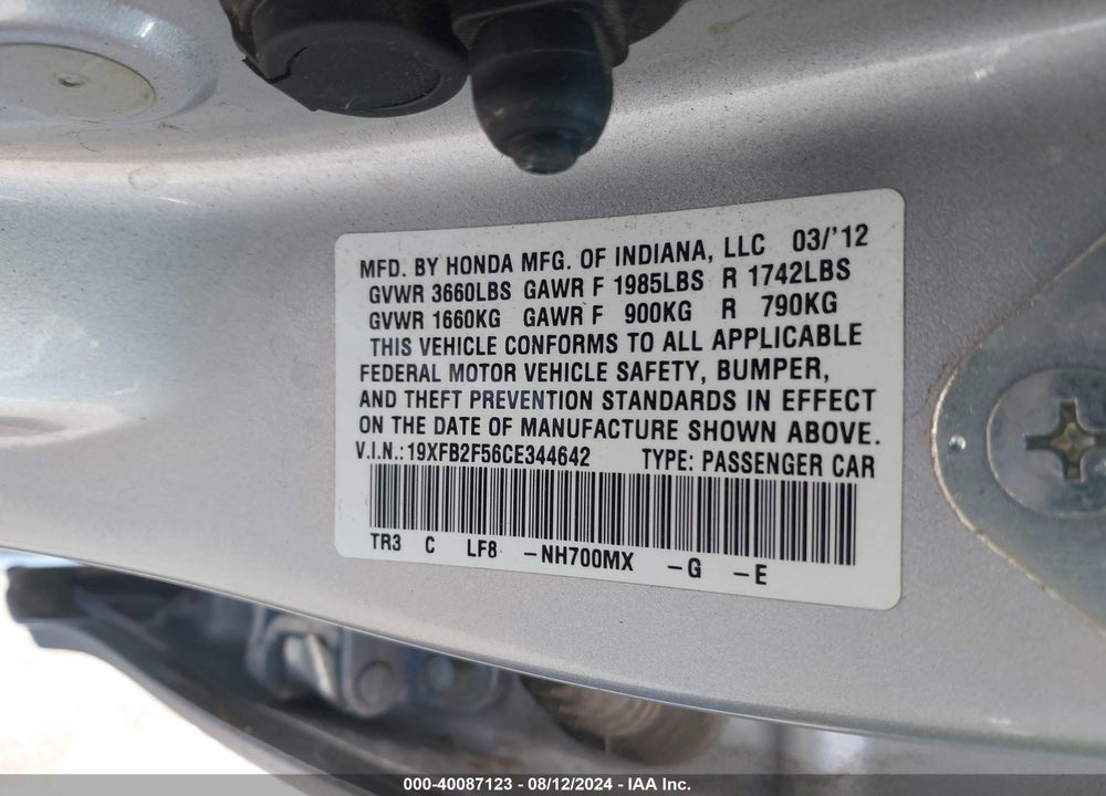 2012 HONDA CIVIC LX VIN: 19XFB2F56CE344642