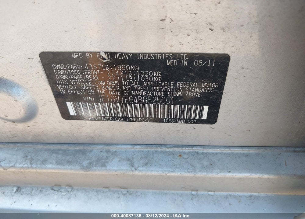 2011 SUBARU IMPREZA WRX PREMIUM VIN: JF1GV7F64BG525051