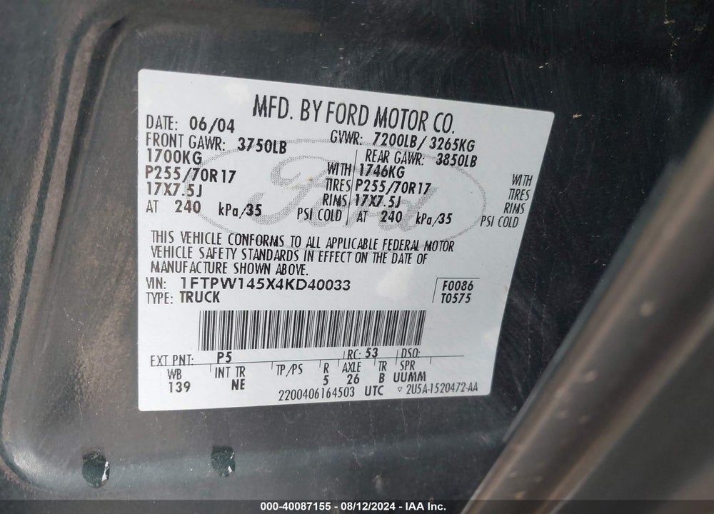 2004 FORD F-150 FX4/LARIAT/XLT VIN: 1FTPW145X4KD40033