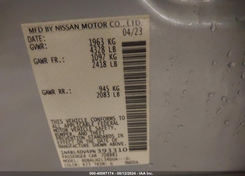 2023 NISSAN ALTIMA SV VIN: 1N4BL4DV4PN393310