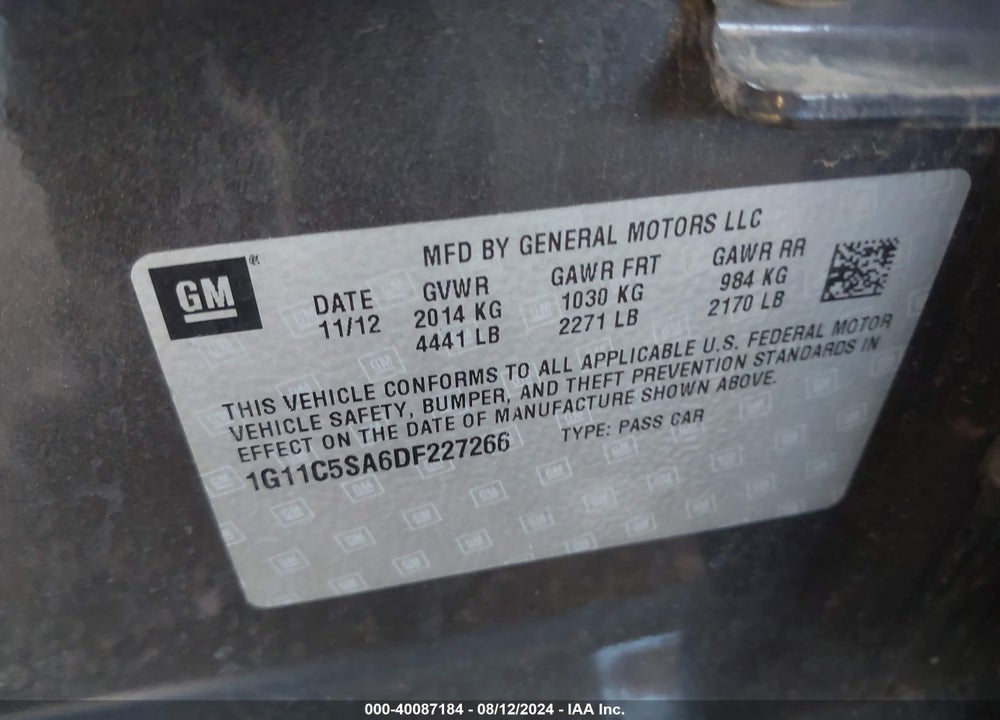 2013 CHEVROLET MALIBU 1LT VIN: 1G11C5SA6DF227266