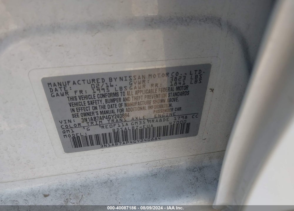 2016 NISSAN SENTRA FE+ S/S/SL/SR/SV VIN: 3N1AB7AP4GY240884