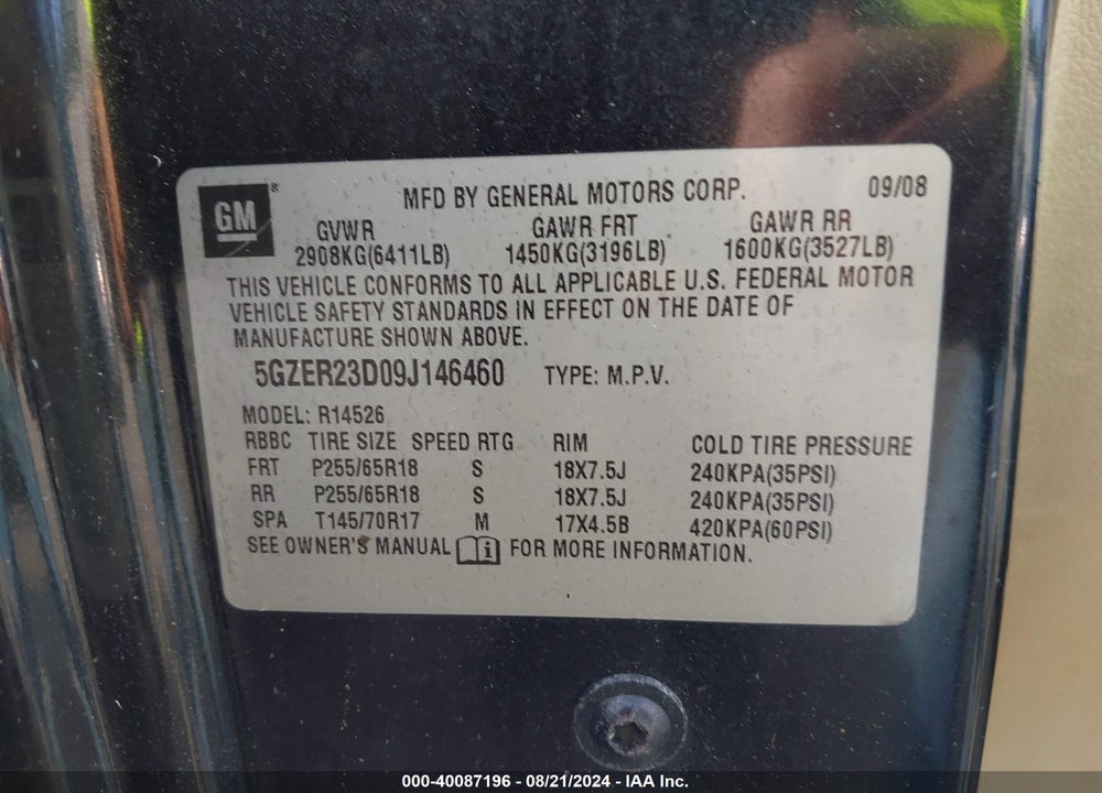2009 SATURN OUTLOOK XR VIN: 5GZER23D09J146460