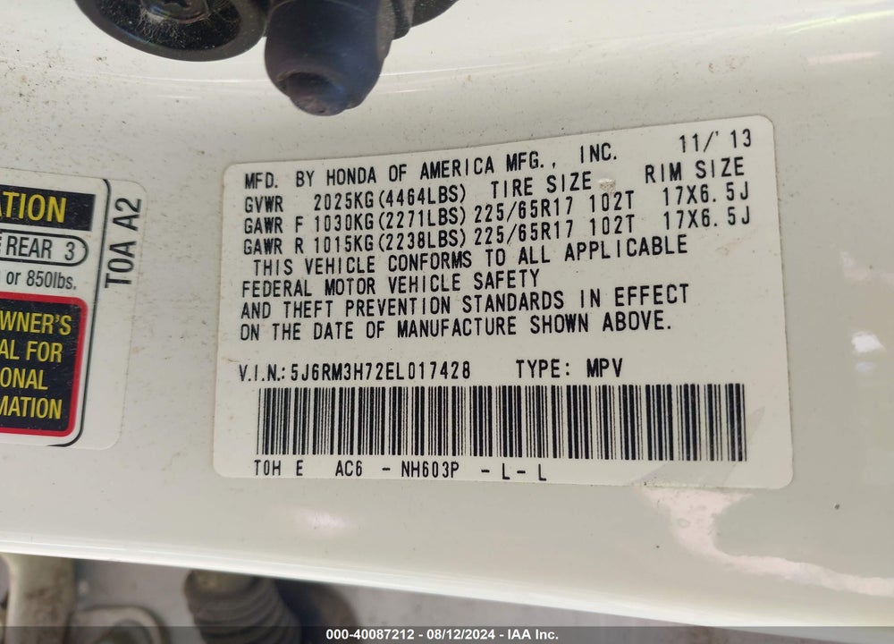 2014 HONDA CR-V EX-L VIN: 5J6RM3H72EL017428