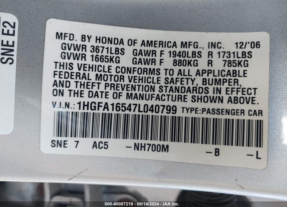 2007 HONDA CIVIC LX VIN: 1HGFA16547L040799