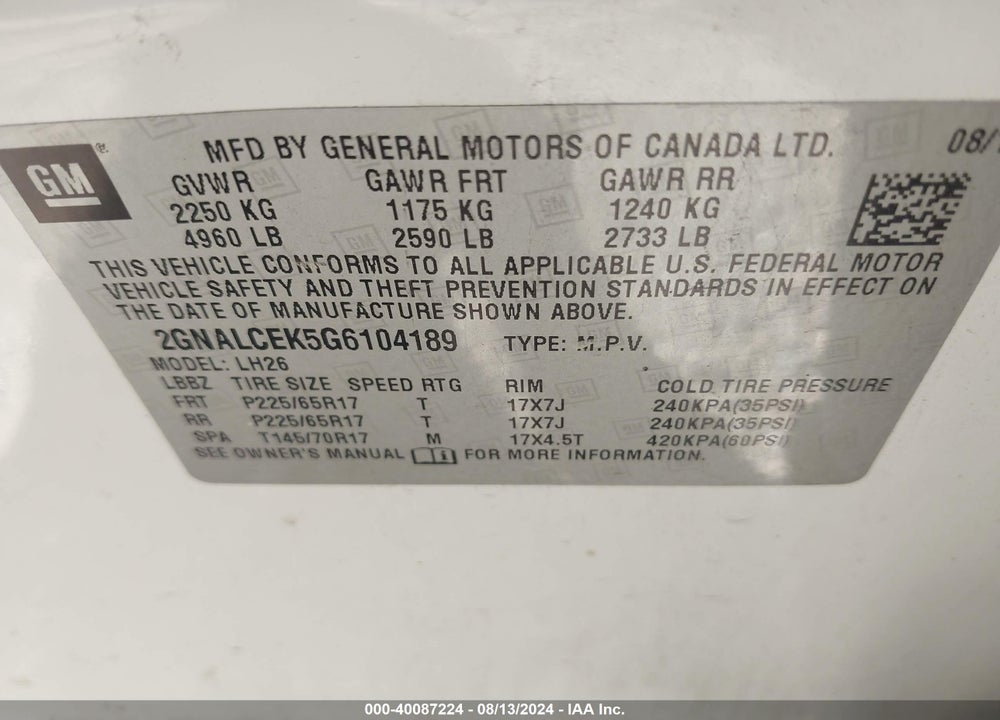 2016 CHEVROLET EQUINOX LT VIN: 2GNALCEK5G6104189