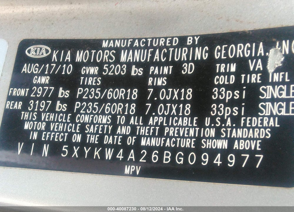 2011 KIA SORENTO SX V6 VIN: 5XYKW4A26BG094977