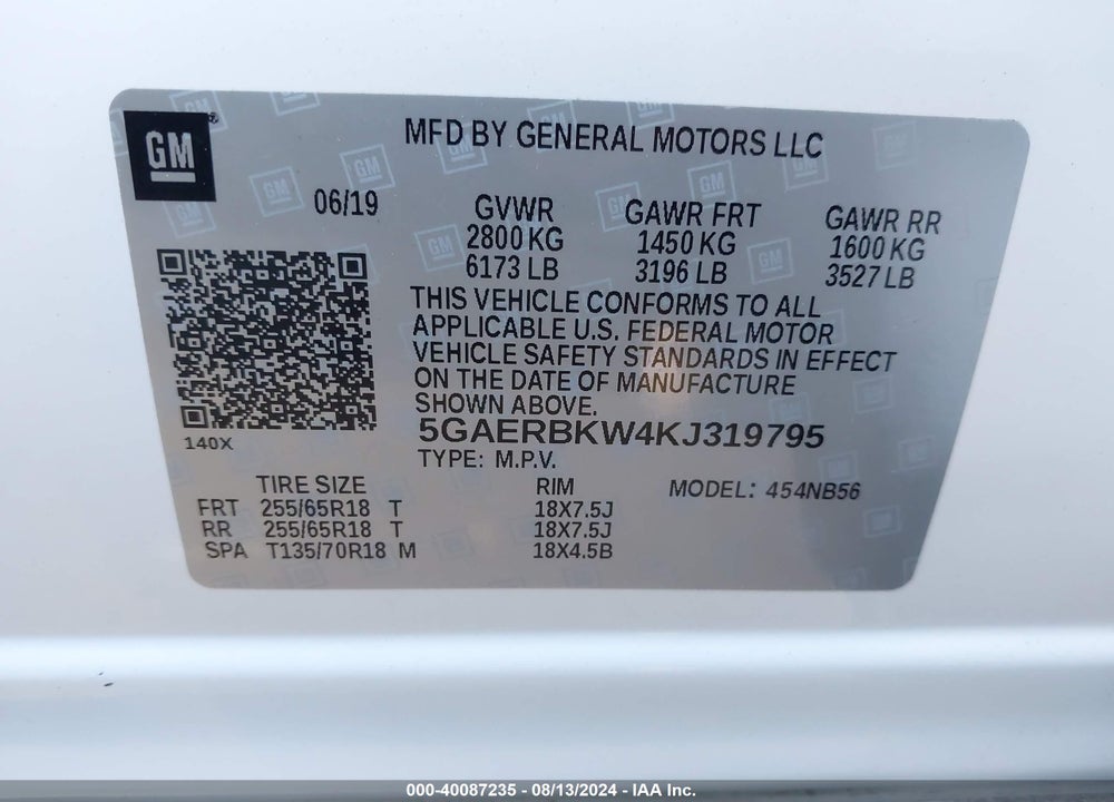 2019 BUICK ENCLAVE FWD ESSENCE VIN: 5GAERBKW4KJ319795