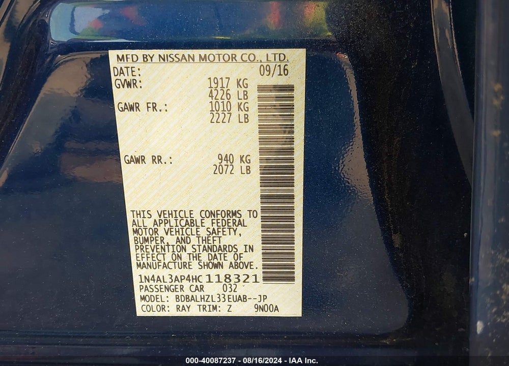2017 NISSAN ALTIMA VIN: 1N4AL3AP4HC118321