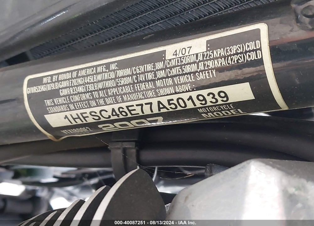 2007 HONDA VTX1800 F2 VIN: 1HFSC46E77A501939