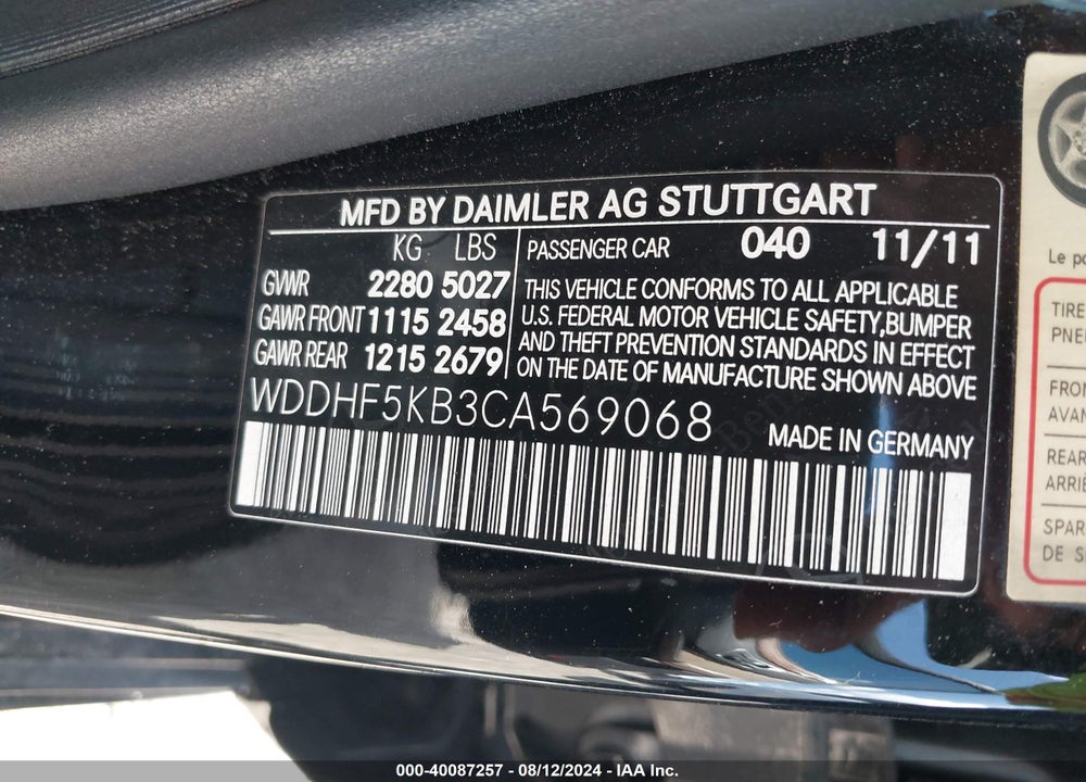 2012 MERCEDES-BENZ E 350 VIN: WDDHF5KB3CA569068