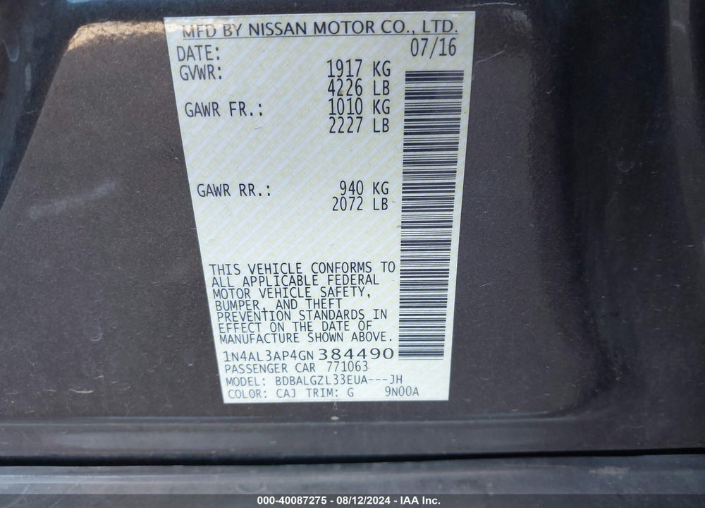2016 NISSAN ALTIMA 2.5 S VIN: 1N4AL3AP4GN384490