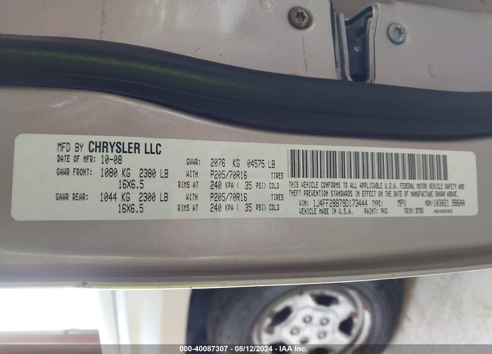 2009 JEEP PATRIOT SPORT VIN: 1J4FF28B79D173444