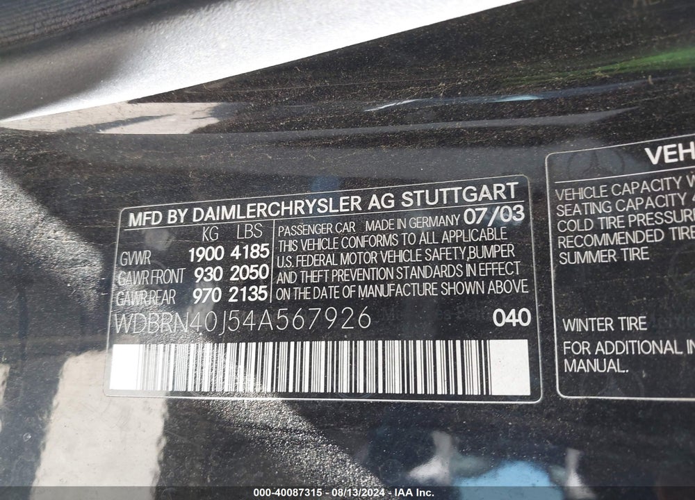 2004 MERCEDES-BENZ C 230 KOMPRESSOR SPORT VIN: WDBRN40J54A567926