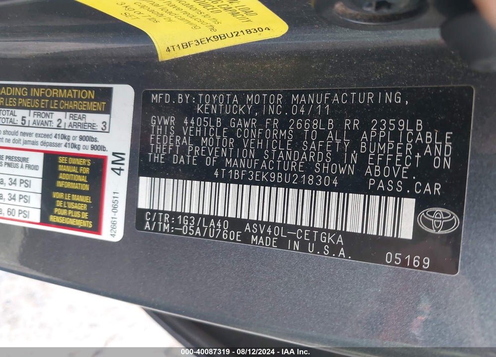 2011 TOYOTA CAMRY XLE VIN: 4T1BF3EK9BU218304