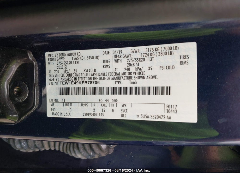2019 FORD F-150 XLT VIN: 1FTEW1E49KFB78706