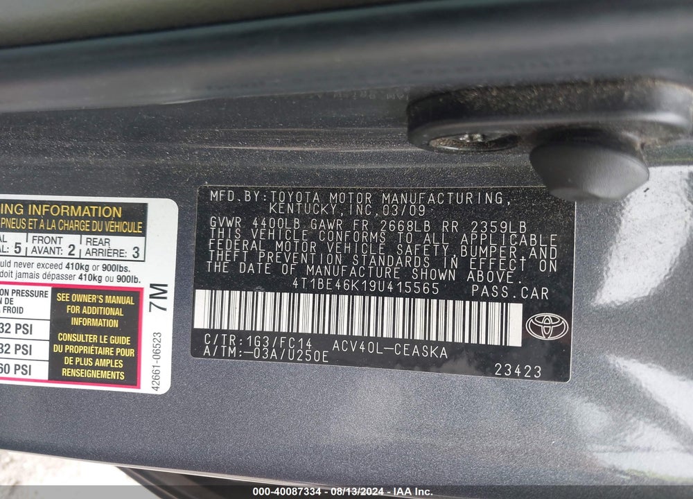2009 TOYOTA CAMRY VIN: 4T1BE46K19U415565