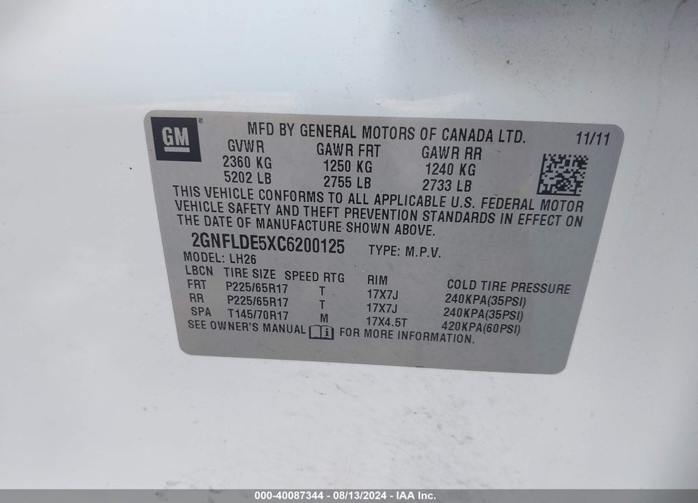 2012 CHEVROLET EQUINOX 1LT VIN: 2GNFLDE5XC6200125