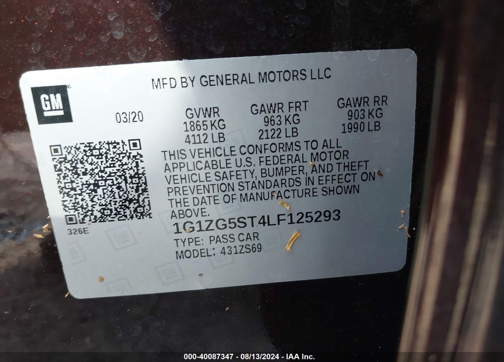2020 CHEVROLET MALIBU FWD RS VIN: 1G1ZG5ST4LF125293