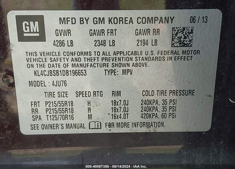 2013 BUICK ENCORE CONVENIENCE VIN: KL4CJBSB1DB196653