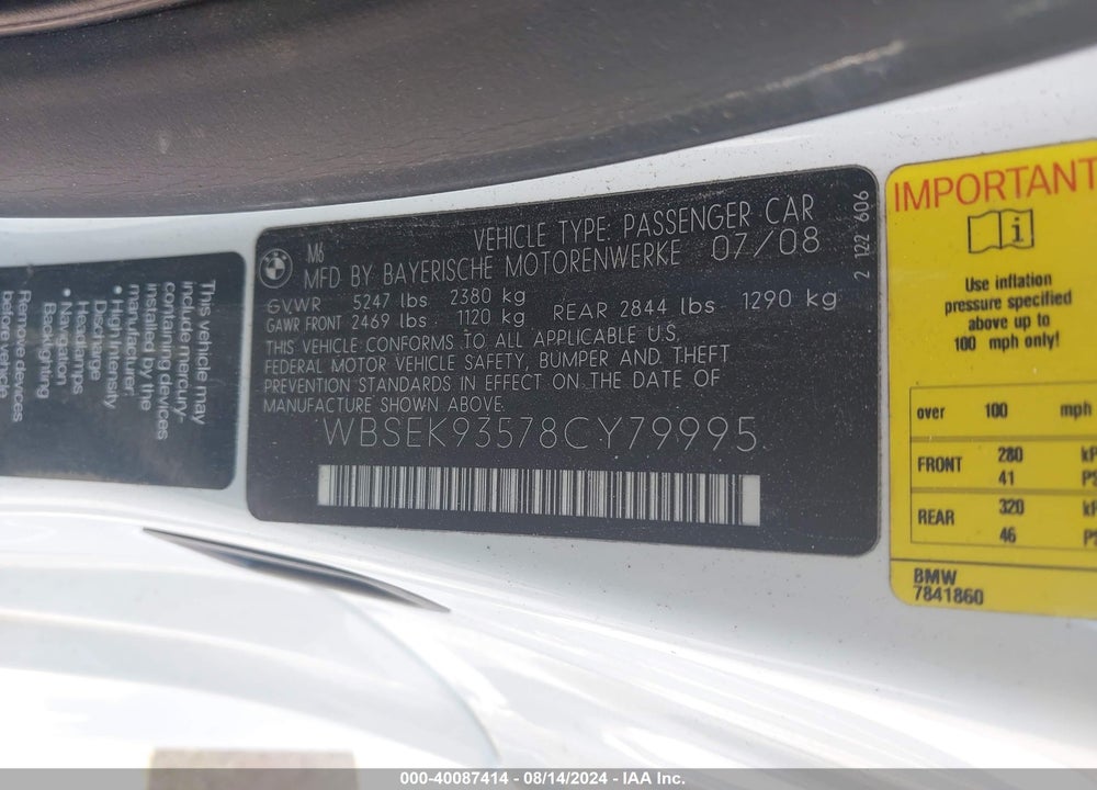 2008 BMW M6 VIN: WBSEK93578CY79995