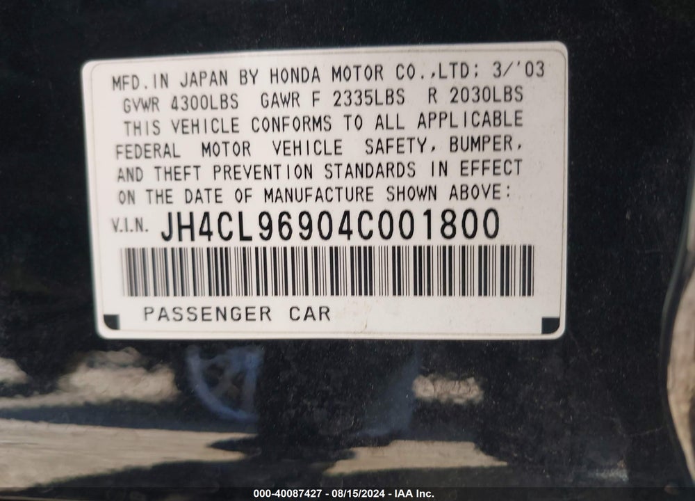 2004 ACURA TSX VIN: JH4CL96904C001800