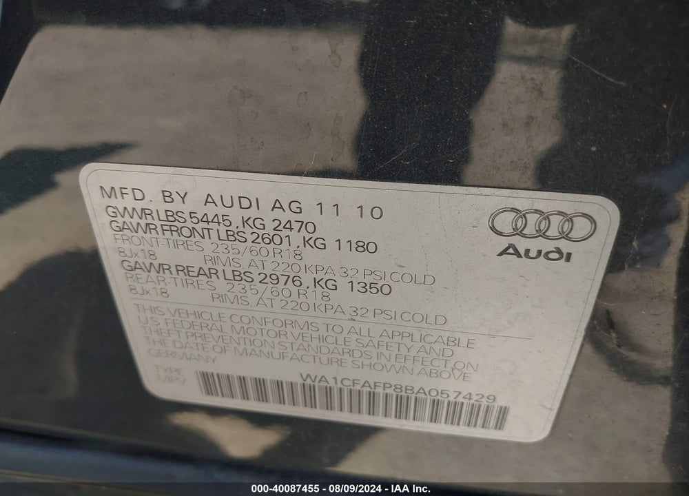 2011 AUDI Q5 2.0T PREMIUM VIN: WA1CFAFP8BA057429