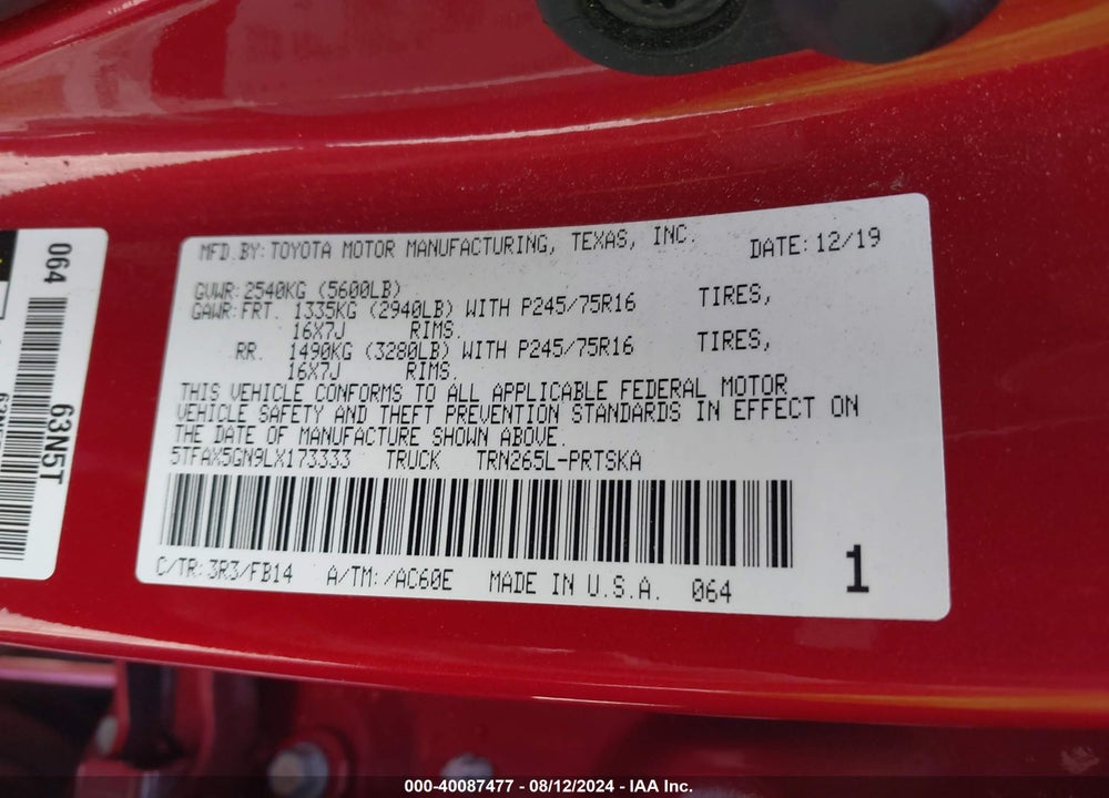 2020 TOYOTA TACOMA SR VIN: 5TFAX5GN9LX173333