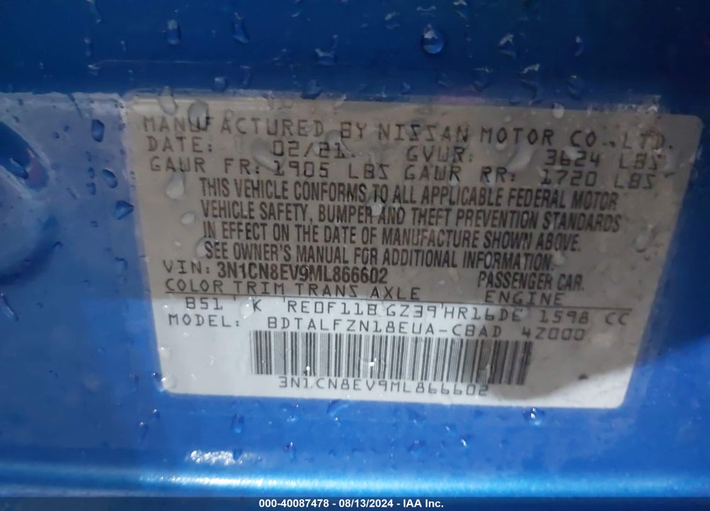2021 NISSAN VERSA VIN: 3N1CN8EV9ML866602