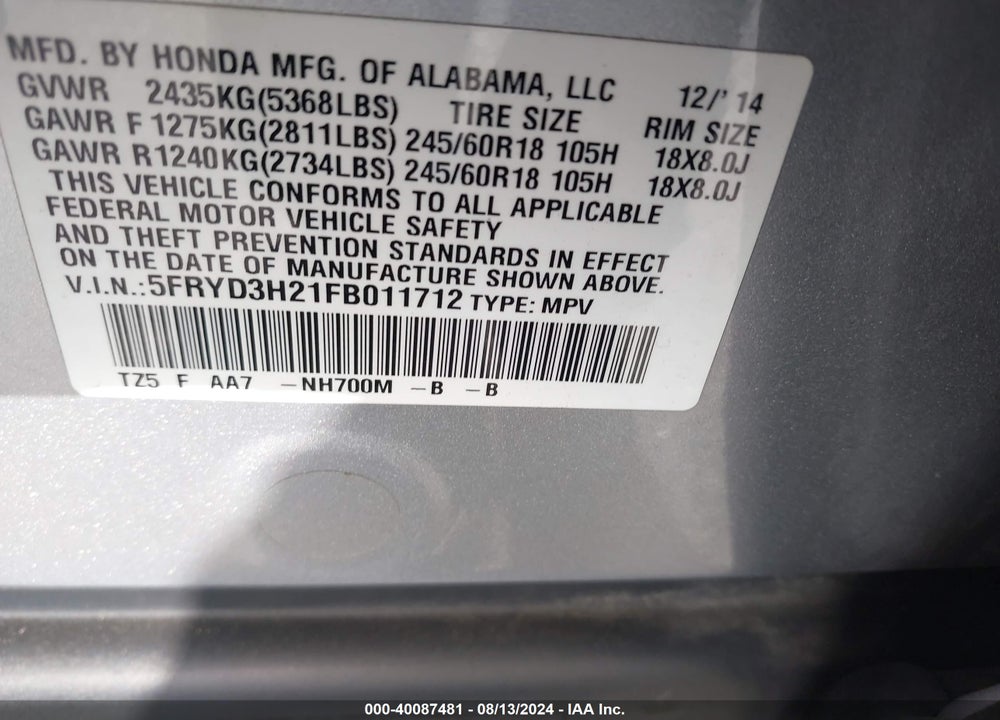 2015 ACURA MDX VIN: 5FRYD3H21FB011712