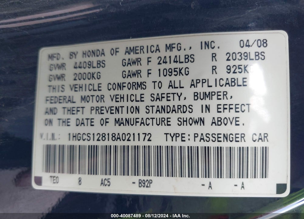 2008 HONDA ACCORD 2.4 EX-L VIN: 1HGCS12818A021172
