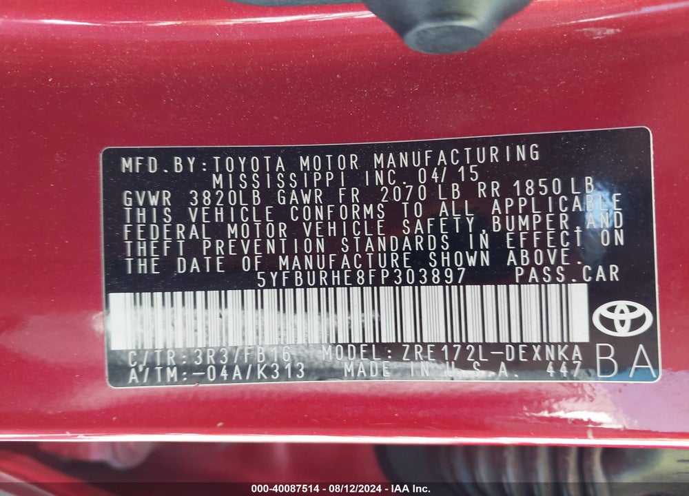 2015 TOYOTA COROLLA LE VIN: 5YFBURHE8FP303897