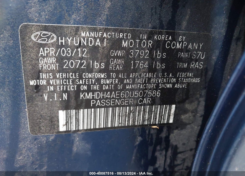 2013 HYUNDAI ELANTRA GLS VIN: KMHDH4AE6DU507586