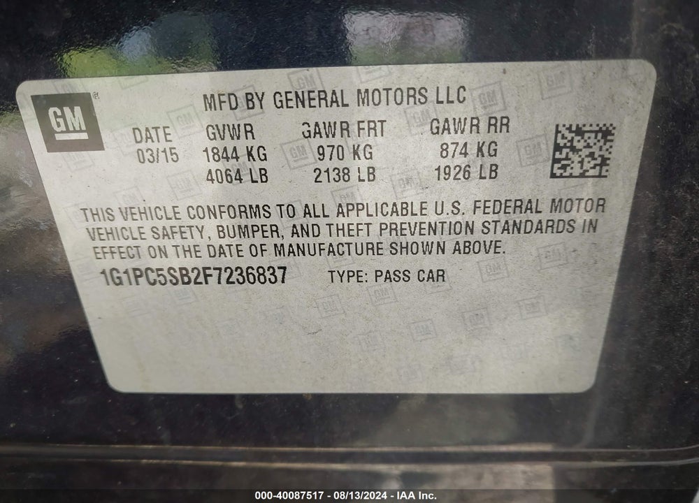 2015 CHEVROLET CRUZE 1LT AUTO VIN: 1G1PC5SB2F7236837