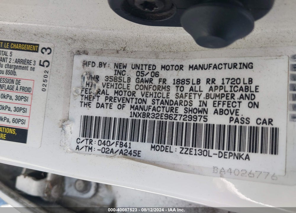 2006 TOYOTA COROLLA LE VIN: 1NXBR32E96Z729975