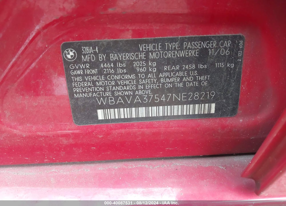 2007 BMW 328I VIN: WBAVA37547NE28219