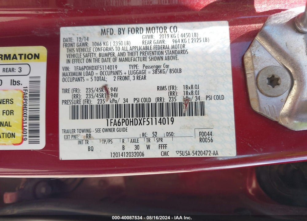 2015 FORD FUSION SE VIN: 1FA6P0HDXF5114019