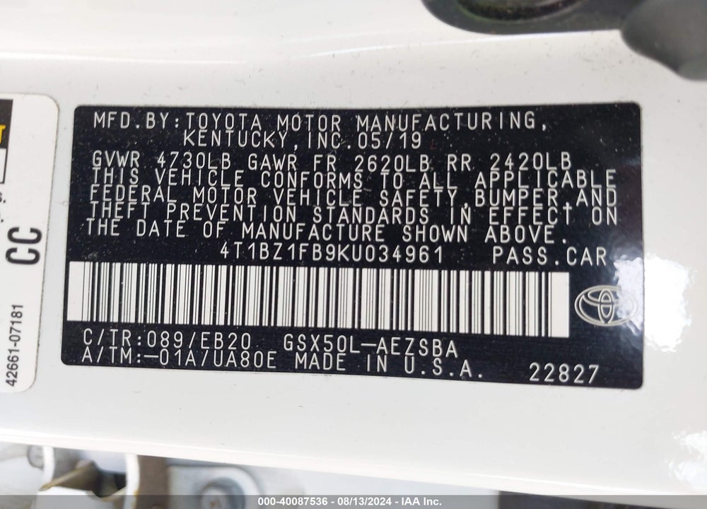 2019 TOYOTA AVALON TOURING VIN: 4T1BZ1FB9KU034961