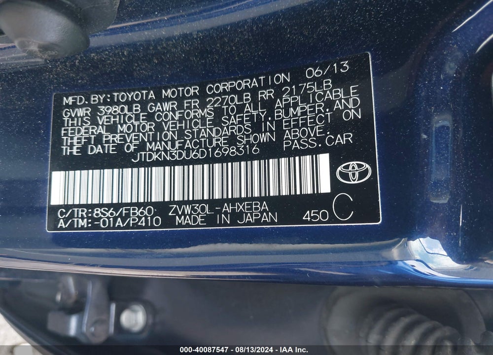 2013 TOYOTA PRIUS TWO VIN: JTDKN3DU6D1698316