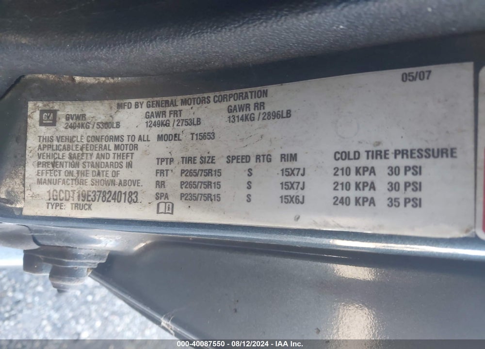 2007 CHEVROLET COLORADO LT VIN: 1GCDT19E378240183
