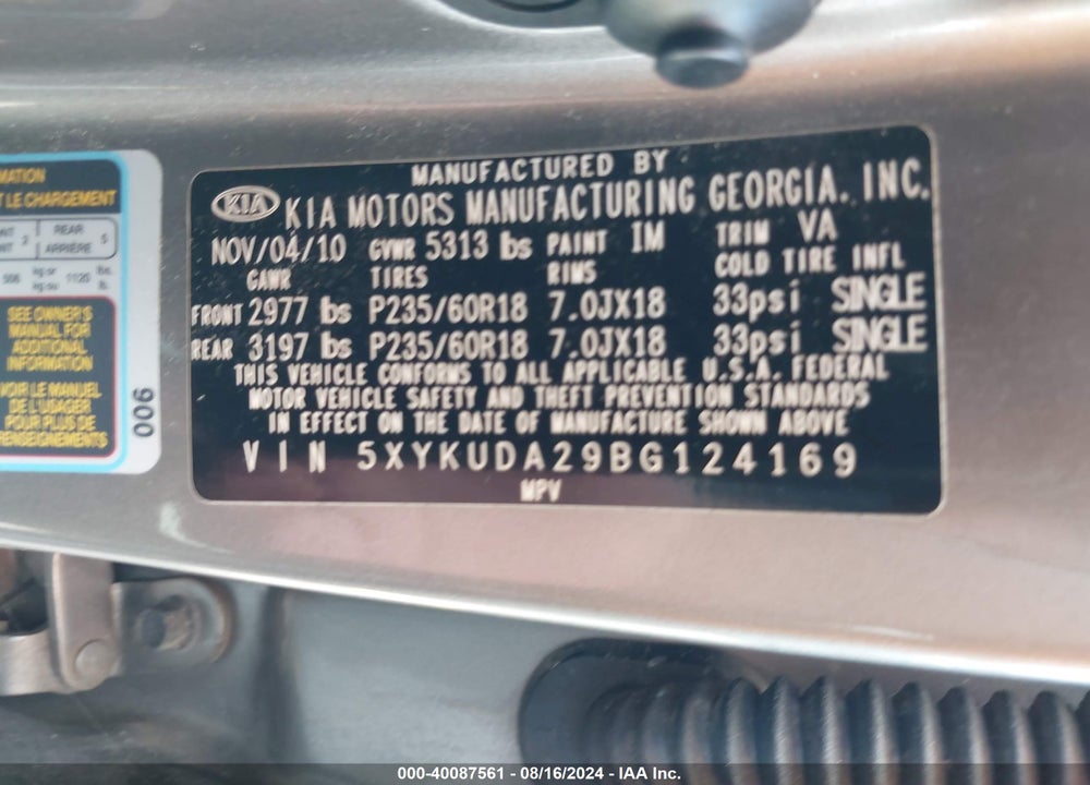 2011 KIA SORENTO EX V6 VIN: 5XYKUDA29BG124169