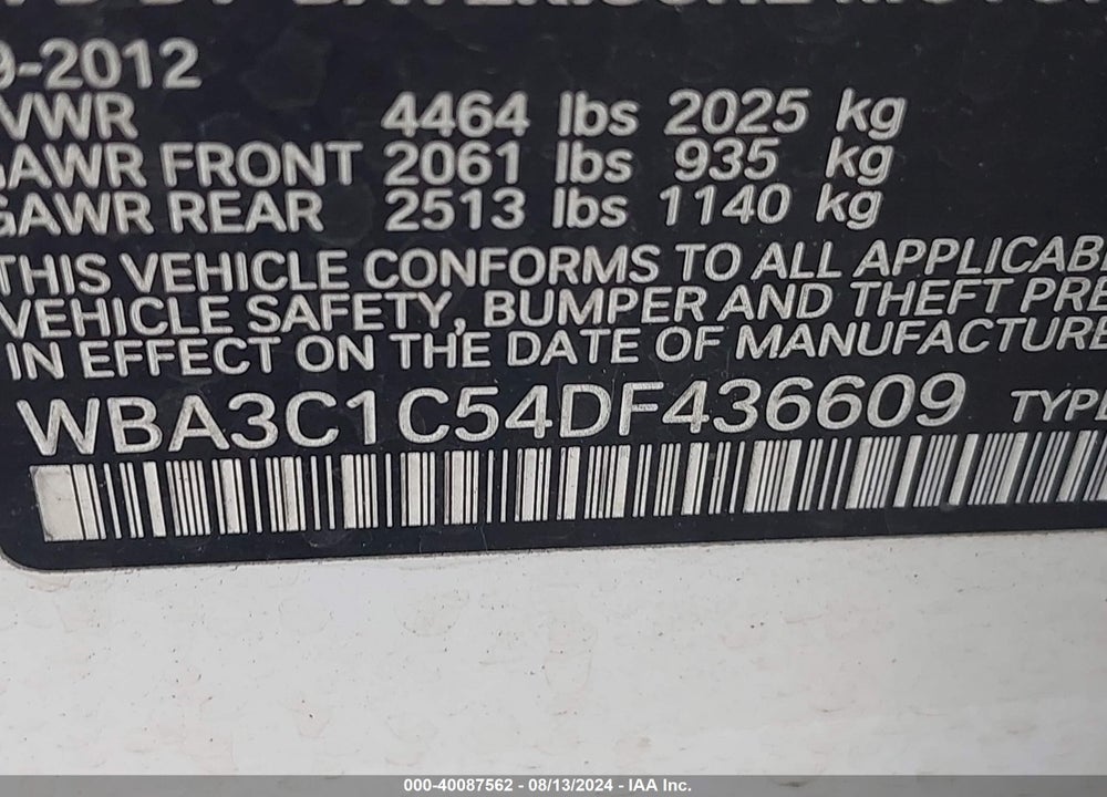 2013 BMW 328I VIN: WBA3C1C54DF436609