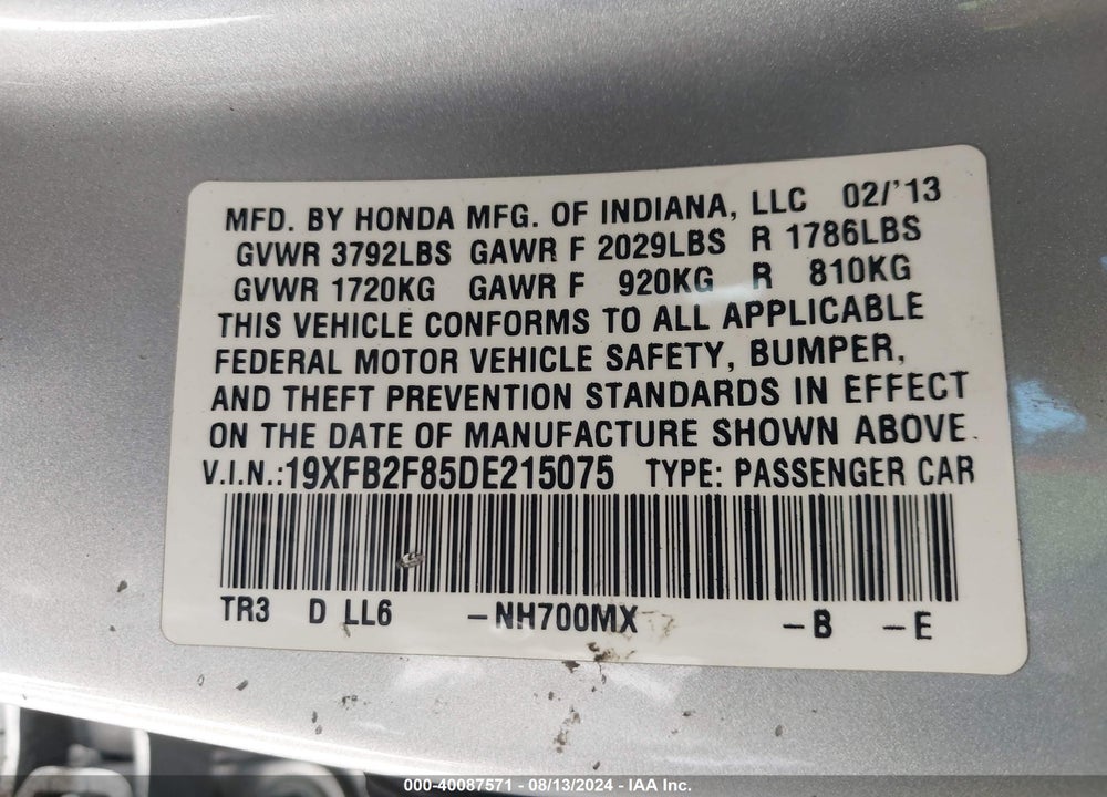 2013 HONDA CIVIC VIN: 19XFB2F85DE215075