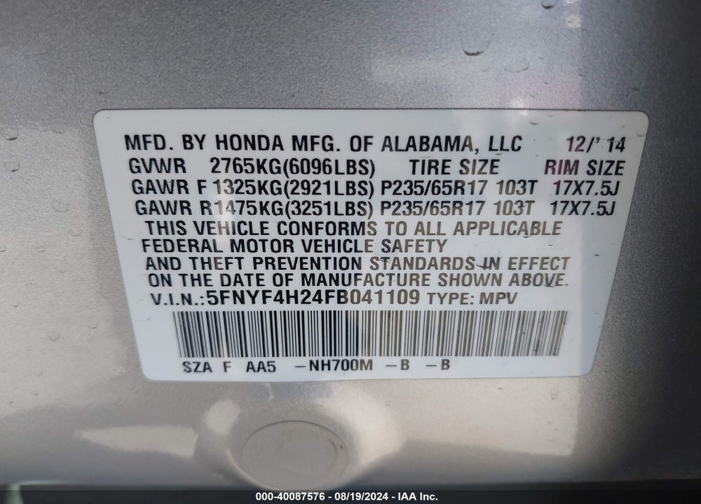 2015 HONDA PILOT LX VIN: 5FNYF4H24FB041109
